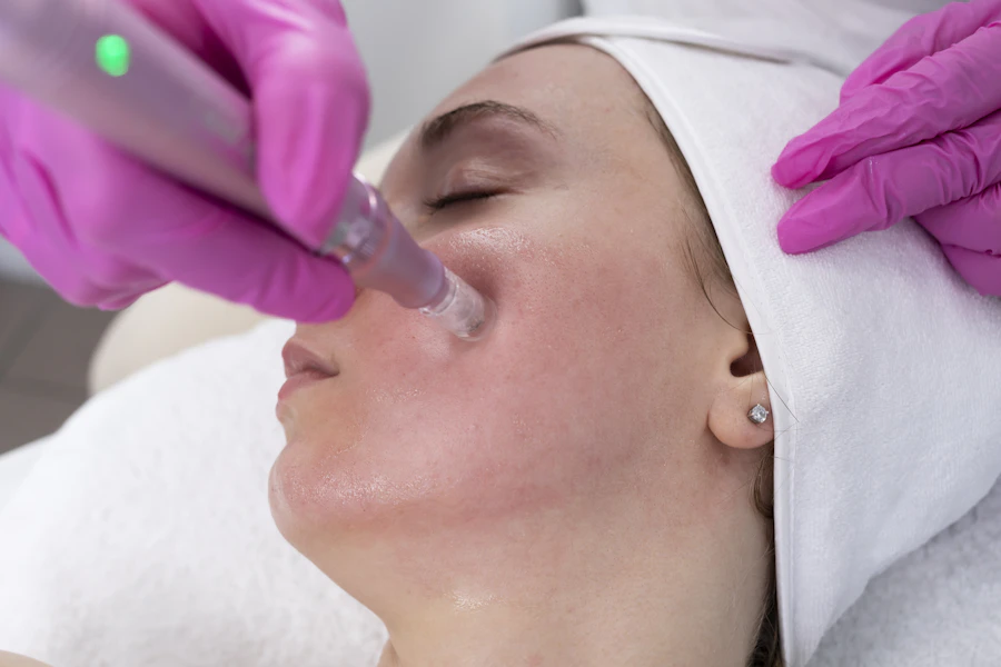 A client receiving a micro-needling treatment to the face